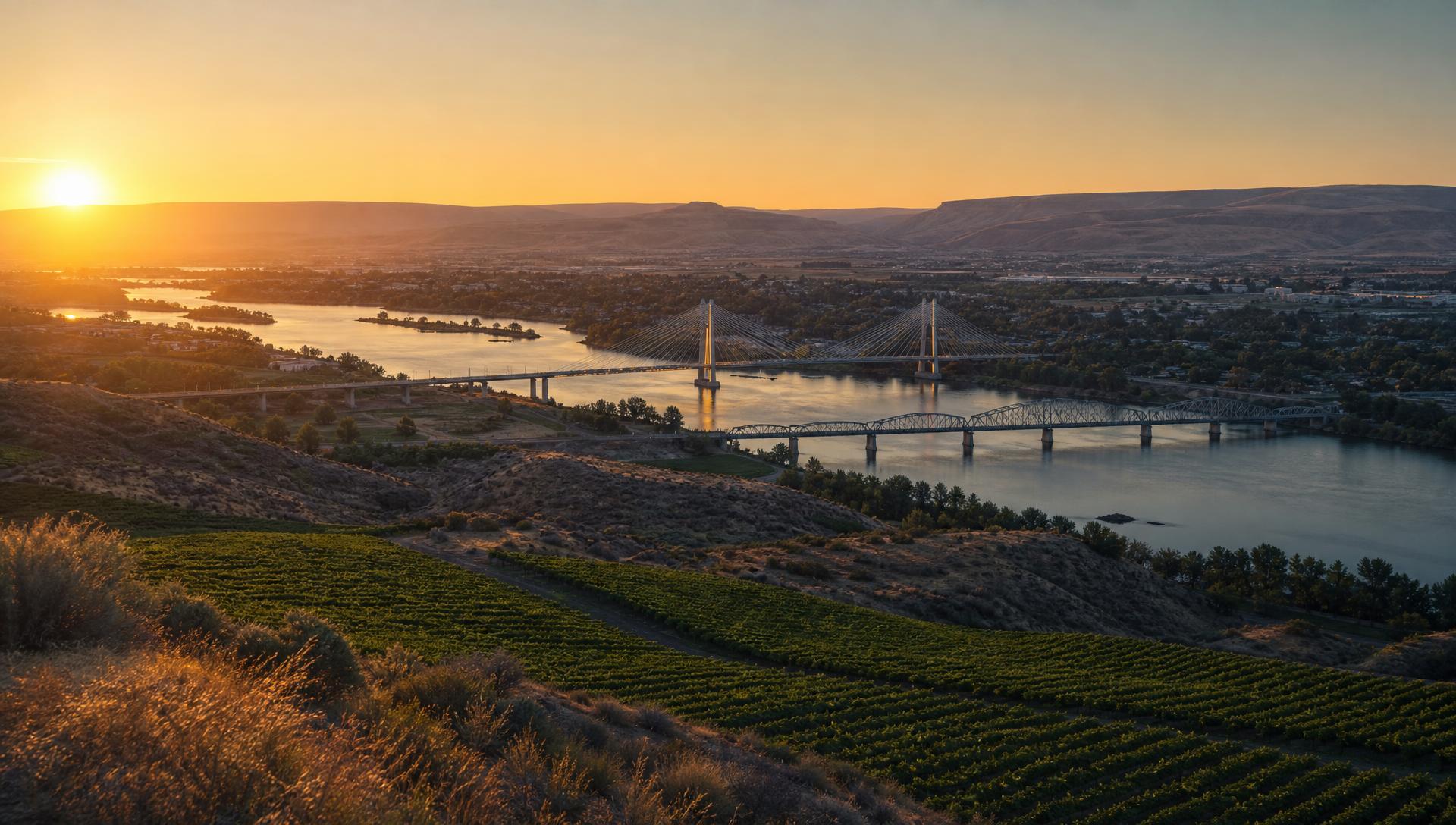 The Columbia River and Tri-Cities, Washington at sunset